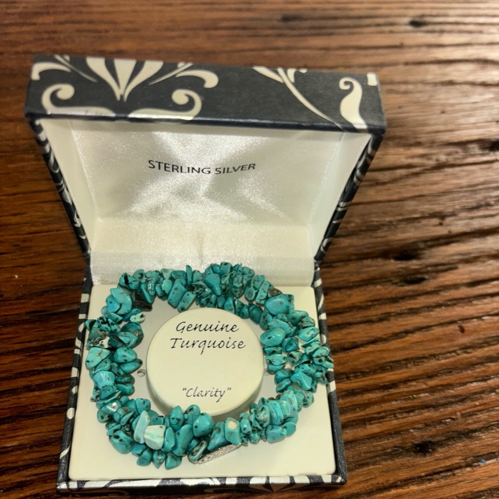 Genuine 3 strand turquoise bracelet with sterling silver clasp. NIB clarity